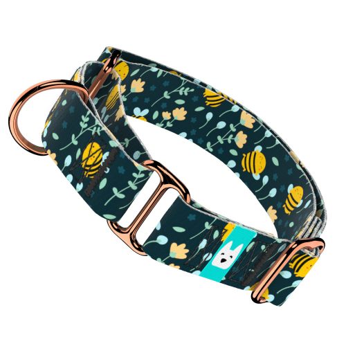 Méhecske mintás, kék - Kutya Félfojtó Nyakörv - Martingale  -  Cute Kawaii Bees Blue - april & june