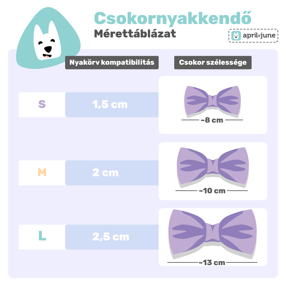 Csokornyakkendő mérettáblázat - april&june